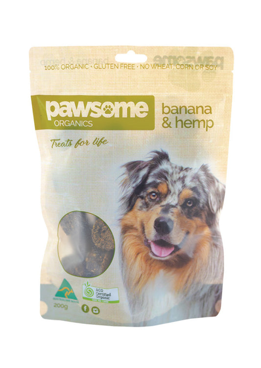 Pawsome Organics Org Pet Treats Banana and Hemp 200g