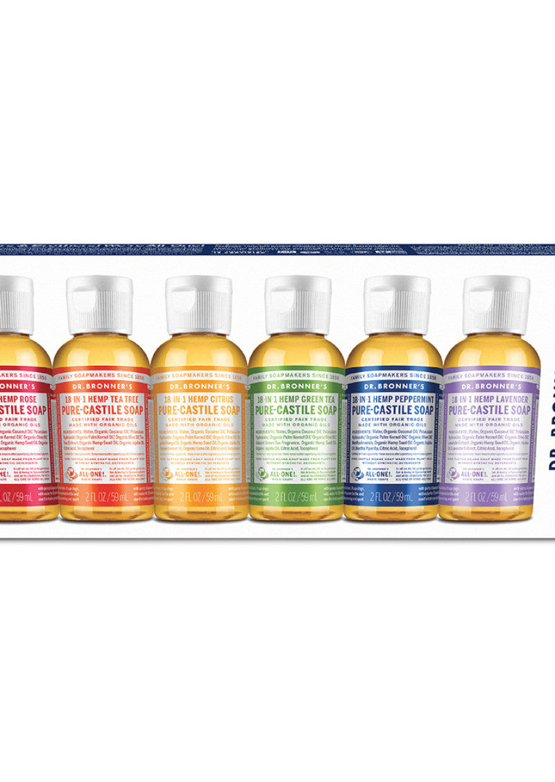 Dr. Bronner's Pure Castile Soap Liquid (Hemp 18 in 1) Rainbow Sampler 59ml x 6 Pack