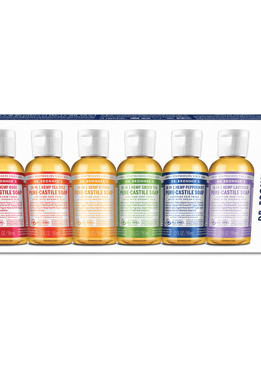 Dr. Bronner's Pure Castile Soap Liquid (Hemp 18 in 1) Rainbow Sampler 59ml x 6 Pack